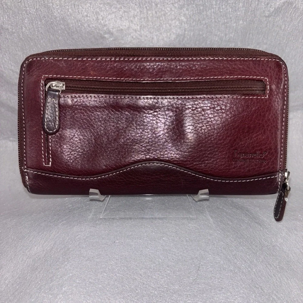 TIGNANELLO Two Tone Burgundy Leather Zip Around Wallet  Card Slots Key Ring EUC